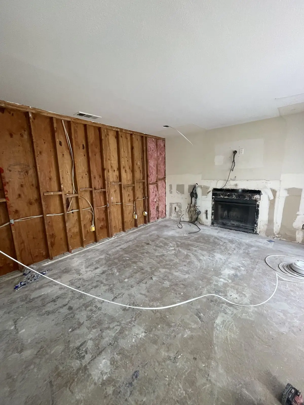 Subfloor and joists exposed after interior demolition